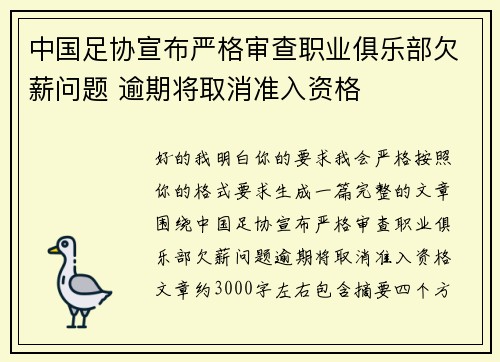中国足协宣布严格审查职业俱乐部欠薪问题 逾期将取消准入资格