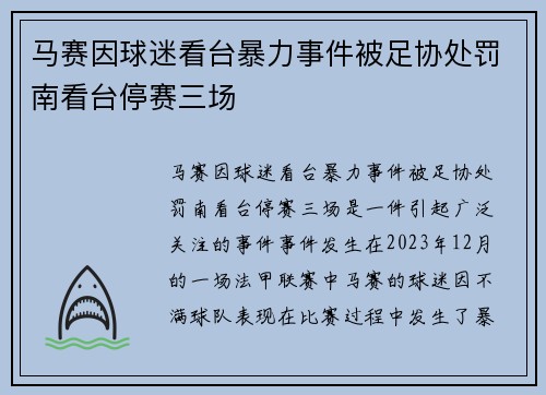 马赛因球迷看台暴力事件被足协处罚南看台停赛三场