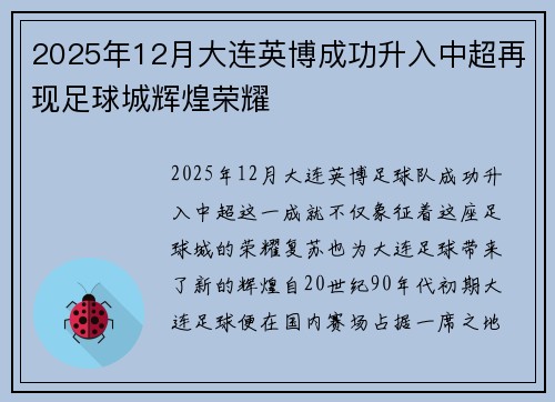 2025年12月大连英博成功升入中超再现足球城辉煌荣耀 2025年12月大连英博成功升入中超再现足球城辉煌荣耀