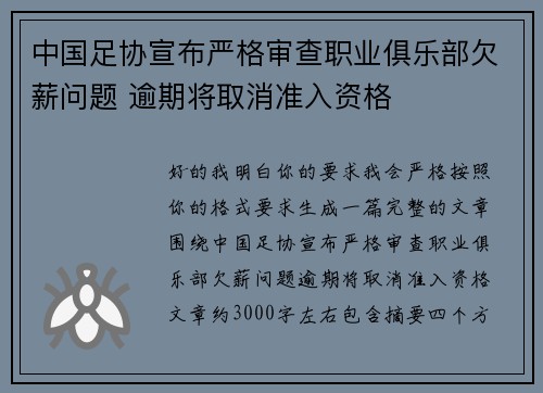 中国足协宣布严格审查职业俱乐部欠薪问题 逾期将取消准入资格 中国足协宣布严格审查职业俱乐部欠薪问题 逾期将取消准入资格